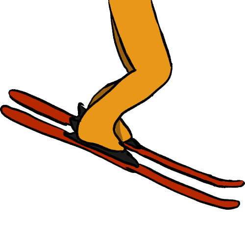 yellow legs skiing on red skis.
